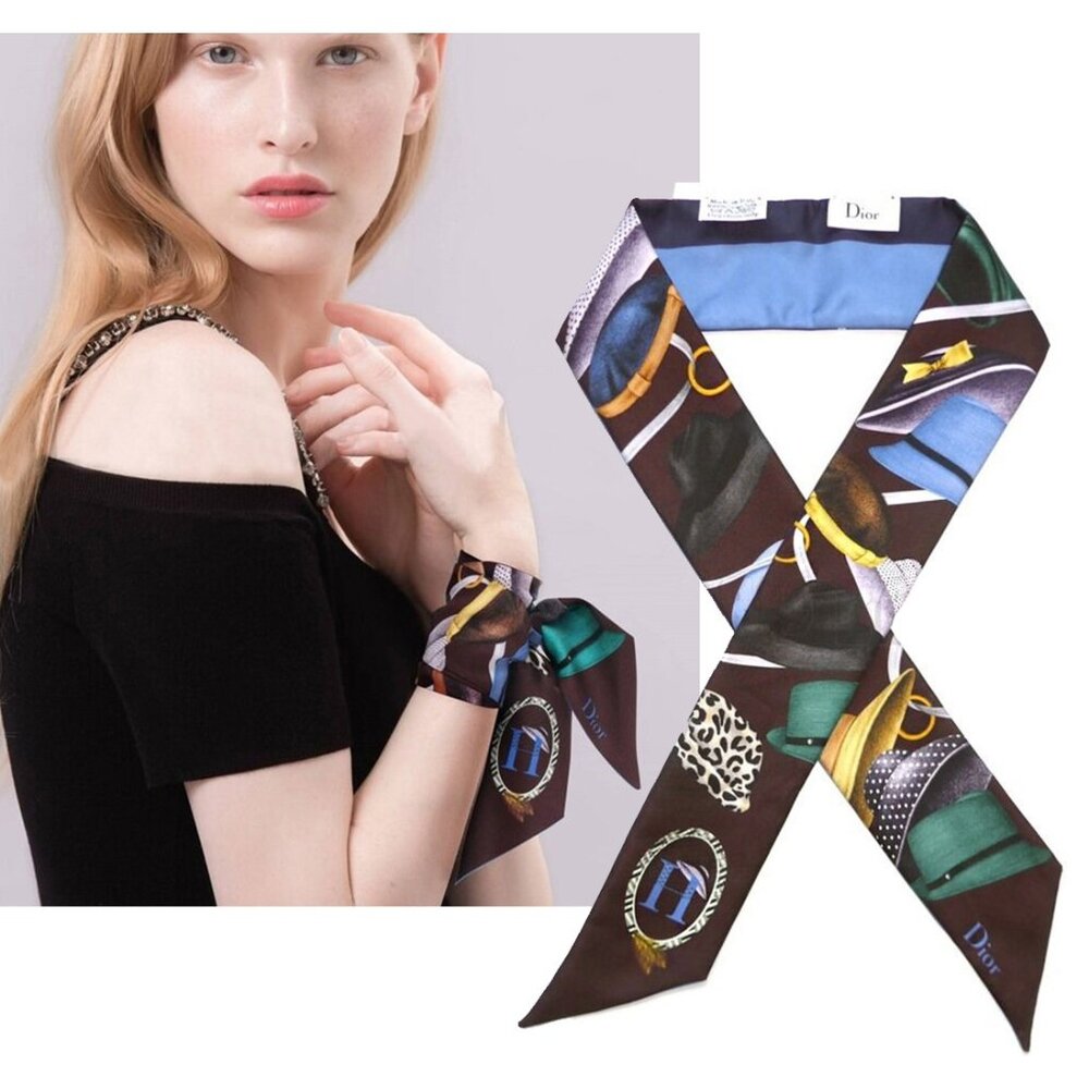 DIOR SCARF MITZAH ABCDIOR 'H' HATS PRINT SILK w SIGNATURE 6 x 100cm